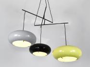 Ceiling light, Brass, painted metal and opaline glass. Ceiling light with three perforated and lacquered metal shades, opaline glass. Stilux, c. 1958, Italy. Height 120 cm x Diameter 75 cm