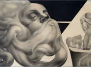 Adolfo Wildt black and white drawing of a large bearded face blowing at a smaller nude figure