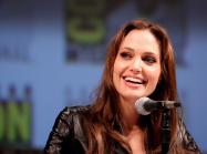 Angelina Jolie sits at a comic con pannel 