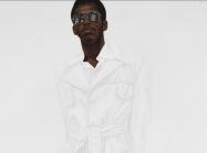 detail of painting that features a black man in white clothes and in front of white background. His glasses reflect gothic church windows.
