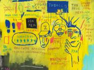 Jean-Michel Basquiat painting of three heads and lots of text on a yellow and blue background