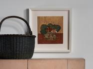 Laurene Krasny Brown, Berry Bowl, 2017. Gouache on cut paper. 10.5 x 9.5 in. Pictured with a 19th century green-painted splint basket atop an antique cupboard in original pink paint