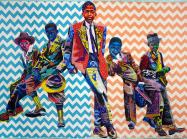 Bisa Butler quilted painting portrait of 5 young black boys depicted in bright colored fabrics