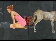 painting of a young woman in pink leotard crouching beside a coyote