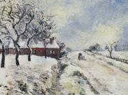 Camille Pissarro titled Route Enneigée avec Maison shows a snowfield, trees and house 