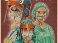 covid-19 propaganda-inspired poster, image of 3 healthcare workers in PPE, with text "for you! for them! for us! victory begins at home"