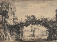 Jan van de Velde drawing of a natural bridge and building ruins