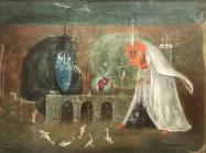 Leonora Carrington, Rabinos (the Rabbis), 1960. Oil on Canvas. 15 1⁄4 x 23 1⁄4 in. (38.735 x 59.055 cm). © Leonora Carrington / Arts Rights Society (ARS), New York.