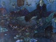 man in dark, blue, twilight room. Empty, open boxes are scattered throughout and butterflies are everywhere. 