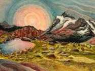 Lindsey Fox painting of a sun over mountains and a green landscape