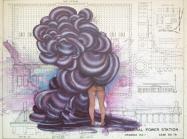 Firelei Báez painting onto top of an architectural drawing, showing a nude figure from behind, only the lower half of the their body visible, the top half is engulfed in billowing abstract black smoke