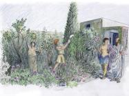 Artistic reconstruction of strollers and gardeners at work in the Casa della Regina Carolina garden. Dr. Tally-Schumacher’s work argues that the majority of garden laborers would have been enslaved individuals. Drawing: Yaniv Korman with permission. 