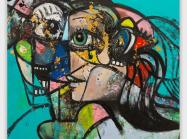 George Condo, Up Against the Wall, 2020. Acrylic, pigment stick, and metallic paint on linen. 82 x 80 x 1 3/8 inches.
