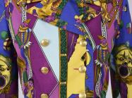 Gianni Versace, Day ensemble, ca. 1990s.Cotton twill, corduroy, purple and blue ornate pattern.