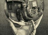 hand holds mirror ball, Escher visible in ball. 
