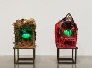 Installation view of Make-Shift-Future, curated by Elliott Hundley at Regen Projects, Los Angeles March 27 – May 22, 2021. two chair-like items holding three dimensional, artistically rendered foliage and glowing, green minerals