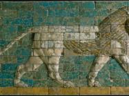Reconstructed panel of bricks with a striding lion Neo-Babylonian Period; Processional Way, El-Kasr Mound, Babylon, Iraq. 