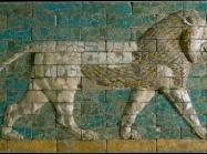 Reconstructed panel of bricks with a striding lion Neo-Babylonian Period; Processional Way, El-Kasr Mound, Babylon, Iraq. 