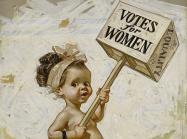 J.C. Leyendecker, detail of Votes for Women, Study for Saturday Evening Post Cover, January 1911. Oil on canvas. Baaby girl with hair tied back in a pink ribbon marches for women's sufferage, sign in hand. 