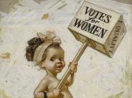 J.C. Leyendecker, detail of Votes for Women, Study for Saturday Evening Post Cover, January 1911. Oil on canvas. Baaby girl with hair tied back in a pink ribbon marches for women's sufferage, sign in hand. 