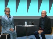 Jerry Saltz with Sharon Stone during their talk during the Vulture Festival in November 2023.