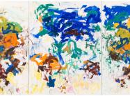 Abstract Tryptic featuring green, blue, yellow, orange and rust swirling brushstrokes on off-white, inconsistent canvas.     