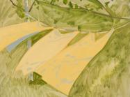 Three Yellow Curtains Blowing, c. 1980, oil on Masonite, 16 1/4 x 18 3/4 inches 
