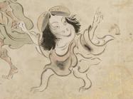 Kawaii detail of a little yokai girl from the Yoshimitsu Hyakki no Zu scroll, unknown author.