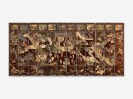 Folding screen, dark burgundy and intricately decorated to show a courtyard with Chinese structures and pavilions and garden features wit people mingling about.    