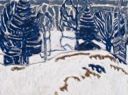 David Milne landscape painting showing white show with blue trees