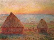 Claude Monet painting of triangular haystacks in the evening light