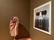 Left: Unidentified artist, Shawl, Ethiopia, 20th century, cotton, 110.49 x 195.58 cm (43.5 x 77 in.). Salem, The Peabody Essex Museum, Gift of Charles R. and Elizabeth C. Langmuir, after 1973, acc. no. E68695. Right: Aïda Muluneh, Part Three (from the 99 series), 2013. Photograph printed on Hahnemuehle Photo Rag, Bright White, 40⅜ x 39⅜ in