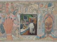 Collaged Drawings of faces, hands, and words frame a photo of a the artist 