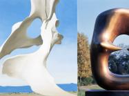 Left: Georgia O’Keeffe (1887-1986), Pelvis with the Distance, 1943. Indianapolis Museum of Art at Newfields, gift of Anne Marmon Greenleaf in memory of Caroline Marmon Fesler.  Right: Henry Moore (1898-1986), Working Model for Oval with Points, 1968-1969. The Henry Moore Foundation, Much Hadam, England, gift of the artist, 1977. 