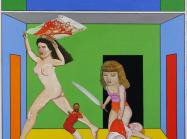Pat Andrea painting of a two women in a brightly colored room, one holds a knife the other is nude