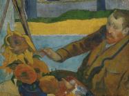 Paul Gauguin painting of Vincent van Gogh at his easel with a vase of sunflowers