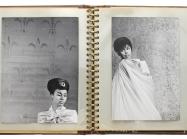 A photographic archive pertaining to the 1962 Broadway play, No Strings, a spiral notebook opened, each page has a photo of actress Diahann Carroll