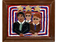 Elijah Pierce bas-relief wood carving showing MLK, JFK, and Bobby Kennedy