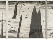 Robyn O’Neil black and white drawing of an alien landscape