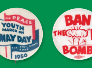 two anti-war buttons on a gree background