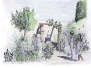 Sketch depicting the perspective of an ancient viewer standing in the center of the garden, gazing toward the southeast corner of the planted space and observing gardeners at work. 