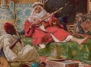 Sotheby's Shares The Visionary Delights of Orientalist Art , two men sit playing instruments, one looks directly at the viewer