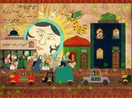 Dana Al Rashid painting of a city scene with a large face behind it