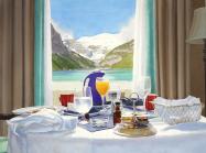 Tim Gardener painting of a room service tray of breakfast sitting in front of a window with a view of mountains and a lake