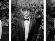 three black and white portraits of young people in formal wear