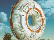 Digital artwork by Mike Winkelmann showing a giant white and orange torus with greebles in a barren landscape that also features a tree and a man approaching the torus. One of the images used in Everydays: The First 5000 Days by Mike Winkelmann (known professionally as Beeple). License