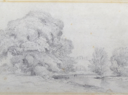 John Constable, A River Landscape: A group of tall trees on the left, a bend of the river with willows on the far bank on the right, in the background a hill with a castle. Estimate: £6,000- £8,000.