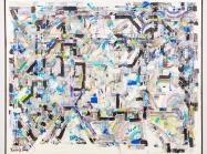 This rectangular canvas has a white background. Thin rectangles, primarily blue, black, and neon green, populate the image in a manner that evokes a grid as well as woven material. There are also a few arching strips of color, stacked in the manner of a rainbow, that help keep the eye traveling across the painting.