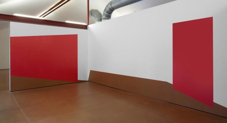 Kate Shepherd large red canvases in a gallery
