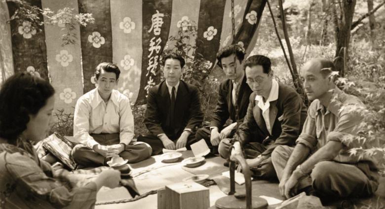 Isamu Noguchi in Nara with Saboro Hasegawa, Michio Noguchi, and other friends on his 1950 trip to Japan.